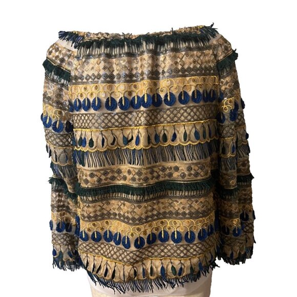 Alice + Olivia Top M Medium Off Shoulder Blue Gold Fringe Sequins - Picture 5 of 11